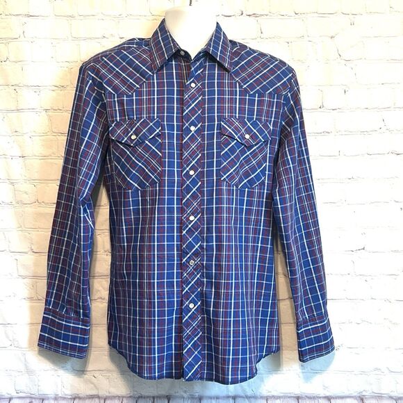 Wrangler Shirt Mens Size M Blue Plaid Western Pearl Snap Long Sleeve Cowboy - Picture 2 of 9